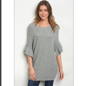 Grey sweater w ruffle bell sleeves. Various sizes